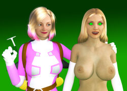 3d blonde_hair bottomless breasts emma_frost female_only femdom femsub gloves green_eyes gwen_poole gwenpool happy_trance marvel_comics nude opera_gloves pink_hair super_hero tech_control theheckle topless