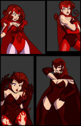 absurdres breasts cleavage comic corruption female_only femsub gloves happy_trance headband kaioutei large_breasts leotard long_hair marvel_comics opera_gloves parasite red_eyes red_hair smile standing super_hero symbiote tentacles thighhighs wanda_maximoff western