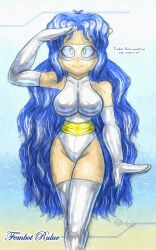 ahoge ameerashourdraws armpits belt blue_hair collarbone earpiece female_only fembot femsub gloves green_eyes happy_trance large_breasts latex legs leotard long_hair looking_at_viewer opera_gloves puyo_puyo robotic_trance rulue saluting smile solo text thick_thighs thighhighs tights visor