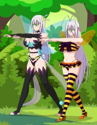  absurdres bee_suit cleavage femsub forest full_dive happy_trance high_heels high_school_dxd jimryu kaa_eyes large_breasts long_hair miniskirt multiple_girls multiple_subs navel reona_kisaragi rossweisse smile white_hair wings zombie_walk 