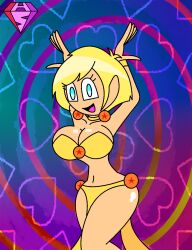  ahoge blonde_hair blue_eyes bracelet choker cleavage collarbone dancer dancing dragon_ball dragon_ball_z erasa eyelashes femdom harem_outfit hypnoscream hypnotic_dance jewelry large_breasts loincloth midriff navel no_panties open_mouth pov_sub ring_background shiny_hair shiny_skin short_hair simple_background smile solo tagme watermark wide_hips 