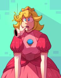  blue_eyes brushie_art cheek_squish clothed coin crossed_eyes crown dress drool female_only femsub finger_in_mouth gloves leaning_forward limp nintendo open_mouth opera_gloves pendulum phantom_hand princess princess_peach simple_background solo spiral super_mario_bros. 
