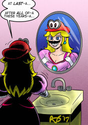  blonde_hair blue_eyes breasts cappy cleavage comic earrings english_text evil_smile femsub happy_trance long_hair maledom mario mirror mustache nintendo opera_gloves possession princess princess_peach red_eyes ronnieraccoon smile super_mario_bros. super_mario_odyssey text undressing 