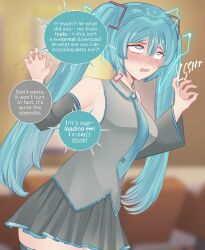  bare_shoulders blue_eyes blush breasts clothed cyan_hair electricity eye_roll femsub miku_hatsune missmilkou open_mouth sequence sweat symbol_in_eyes text twintails vocaloid 