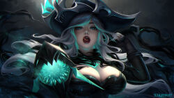 alternate_costume alternate_hair_color aura blue_sclera body_markings breasts cleavage control_indicator corruption eye_color_change femsub fingerless_gloves gloves glowing green_eyes gun hat large_breasts league_of_legends lipstick long_hair looking_at_viewer makeup maledom miss_fortune_(league_of_legends) nail_polish pale_skin pirate possession queen red_lipstick royalty ruination smoke starfruit tongue tongue_out viego_(league_of_legends) weapon white_hair