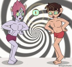 barefoot boxers brown_hair chicken_pose demon_boy hypnobumbs hypnotic_eyes male_only malesub marco_diaz red_hair spiral star_vs_the_forces_of_evil tom_lucitor topless underwear