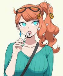breasts earrings empty_eyes female_only femsub glasses heart icontrol_(manipper) jewelry large_breasts lollipop manip nintendo open_mouth orange_hair pas pendulum pokemon pokemon_sword_and_shield side_ponytail simple_background solo sonia_(pokemon)