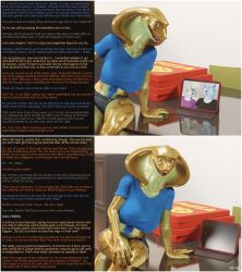  3d becca_(thalarynth) caption carmen_(thalarynth) crossed_legs dialogue femdom femsub furry laptop multiple_doms original pizza pov pov_dom scalie sitting snake_girl table text thalarynth_(manipper) wendy_(thalarynth) wolf_girl 