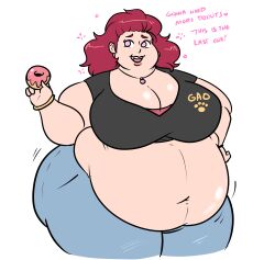 absurdres bbw breasts dialogue earrings fat female_only jewelry lewdsona midriff milf necklace original pants pink_eyes simple_background spiral_eyes symbol_in_eyes text transformation weight_gain white_background