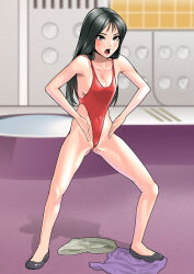 collarbone corruption crayon_shin_chan female_only femsub green_eyes green_hair haigure hand_on_hip long_hair one-piece_swimsuit person_of_rom smile solo standing swimsuit ume_matsuzaka 