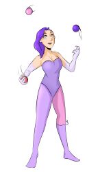  absurdres breasts dazed female_only femsub gloves juggling large_breasts leotard long_hair multicolored_hair open_mouth opera_gloves original pantyhose purple_hair sidecut simple_background sketchderp solo spiral_eyes standing symbol_in_eyes tights violet_(violetriot) white_background 