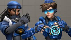 alternate_costume ana_amari animated animated_gif breasts brown_hair dark_skin femsub finger_snap overwatch seamless tagme tracer visor white_skin