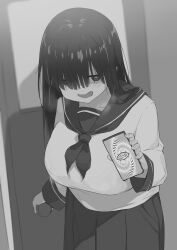  absurdres black_hair blush breasts femdom greyscale hair_covering_one_eye huge_breasts hypnotic_app hypnotic_screen long_hair long_skirt monochrome open_mouth original painnico panting phone pov pov_sub school_uniform skirt smile standing tech_control 