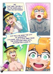  aware blonde_hair breast_expansion breasts breasts_outside changer_(character) chien_vietnam cleavage comic dialogue english_text female_only femsub glasses green_eyes hat lactation large_breasts microphone nipples one_eye_open open_clothes orange_hair original parody sparkle speech_bubble text 
