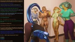 3d abs alien all_fours arden_(thalarynth) baxie_(thalarynth) becca_(thalarynth) bottomless breasts caption clothed confused del_(thalarynth) femdom furry happy_trance humor large_breasts large_penis lizard_boy manip multiple_doms multiple_subs muscle_boy nude original penis possession scalie snake_girl story surprised tail text thalarynth_(manipper) topless trigger