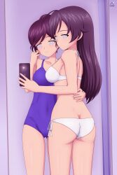  absurdres acrux ahoge ass bikini black_hair female_only femsub girls_und_panzer hana_isuzu long_hair manip mother_and_daughter multiple_girls one-piece_swimsuit phone short_hair smile spiral_eyes spiraleditor_(manipper) standing swimsuit yuri_isuzu 