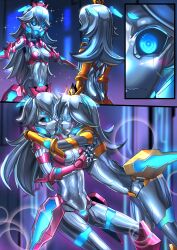  black_sclera blue_eyes cleavage consensual female_only femsub hug ibenz009 large_breasts nintendo princess princess_daisy princess_peach robot robot_girl robotization super_mario_bros. 