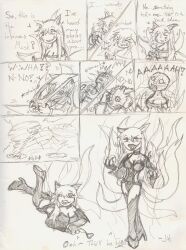  ahri_(league_of_legends) alternate_costume bare_shoulders breasts choker cleavage clothed comic dialogue english_text eyeshadow femsub greyscale high_heels hypnotic_mask kelrick kitsune_girl league_of_legends lipstick living_costume long_hair magic makeup mask mask_of_loki multiple_tails one_eye_open posing possession sketch smile spiral tail text the_mask transformation wink 
