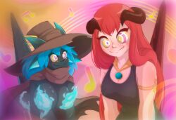 black_skin blue_hair blush bracelet cloak disguised_hypnotist erect_nipples erect_nipples_under_clothes flame freckles happy_trance hat horns leaning_forward music necklace original red_hair ring_eyes saragosa_(rctdelta20) tagme tail