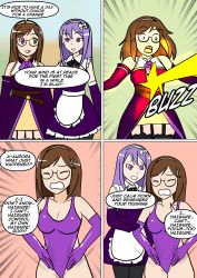 aurora_(cosmicaurora) breast_grab brown_hair clefla enemy_conversion femsub haigure heterochromia hypnotized_hypnotist leotard lyra_(cosmicaurora) original purple_eyes purple_hair tagme