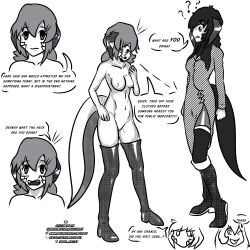 altered_perception bottomless breasts desna_(oc) dialogue dreah_(oc) exhibitionism fangs femsub greyscale horns idpet jade_(idpet) lineart long_hair monochrome nude original short_hair tail text topless unaware