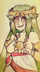  blush bracelet breasts crown dazed femsub goddess green_hair happy_trance jewelry kaa_eyes kid_icarus long_hair necklace nintendo palutena sketch topless traditional witchysheep 
