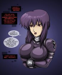  bondage dialogue drone dronification femsub ghost_in_the_shell hkr06 latex motoko_kusanagi purple_hair restrained speech_bubble tech_control 