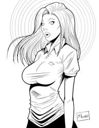 breasts clothed dazed empty_eyes female_only femsub greyscale large_breasts long_hair original shono simple_background sketch solo