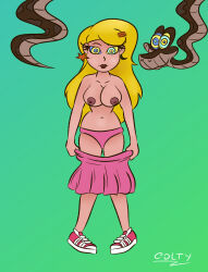 blonde_hair breasts breasts_outside colty8 disney earrings femsub happy_trance hypnotic_eyes jewelry kaa large_breasts looking_at_viewer maledom open_clothes sabrina_spellman sabrina_the_animated_series snake sneakers symbol_in_eyes the_jungle_book underwear undressing