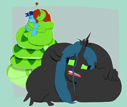 anguis_flake blue_hair breasts brown_hair charlyc95 coils dial_liyon earrings furry green_eyes hair_covering_one_eye heart huge_breasts hypnotized_hypnotist my_little_pony queen queen_chrysalis simple_background snake_girl tongue_out unicorn unicorn_boy