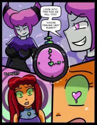 absurdres alien alien_girl breasts comic corruption daisy-pink71 dc_comics dialogue drool female_only femdom femsub glowing glowing_eyes grey_skin happy_trance heart heart_eyes jinx large_breasts long_hair open_mouth pendulum pink_eyes pink_hair pocket_watch purple_hair red_hair starfire super_hero symbol_in_eyes teen_titans text transformation western