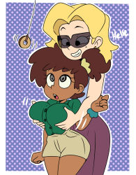 amphibia anne_boonchuy black_sclera blonde_hair border breast_grab breasts brown_hair coin disney dress earrings eyebrows_visible_through_hair female_only femdom femsub laughing lirudraw long_hair mole open_mouth pendulum ponytail sasha_waybright shirt short_hair short_shorts shorts simple_background size_difference smile spiral_eyes sunglasses symbol_in_eyes text tied_hair