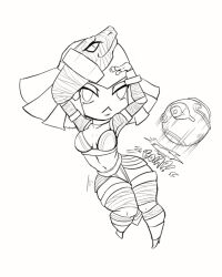  alternate_costume breasts capcom chibi choker cleavage corruption cosplay crossover darkstalkers egyptian empty_eyes english_text eyeshadow femsub greyscale khaibit makeup menat midriff navel possession short_hair simple_background slit_pupils snake street_fighter tanooki text thick_thighs thighs white_background 
