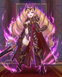  alternate_costume anankos_(fire_emblem) armor aura blonde_hair blush boots breasts cape cleavage corruption crown crystal elise_(fire_emblem) evil_smile femsub fire_emblem fire_emblem_fates gloves glowing glowing_eyes happy_trance high_heels jewelry leebigtree long_hair maledom midriff multicolored_hair navel nintendo open_mouth possession purple_eyes purple_hair royalty smile smoke standing sword thigh_boots thighhighs thighs twintails weapon 