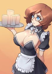  blue_eyes breasts brellom brells_(brellom) cleavage empty_eyes expressionless female_only femsub glasses large_breasts maid open_mouth original short_hair solo standing standing_at_attention tray 
