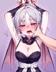 absurdres ai_art armpits arms_above_head bat_wings blush bondage choker confused dazed dress drool fangs femsub finger_in_mouth finger_to_mouth hand_on_another&#039;s_cheek jewelry jinio_(generator) lace large_breasts messy_hair nail_polish open_mouth original panting pov pov_dom purple_hair red_eyes resisting restrained ribbon rope short_hair standing sweat tears tongue tongue_out vampire white_hair wings yodayo_(ai)