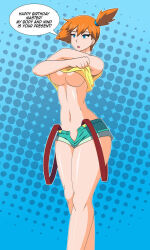 absurdres aged_up altered_perception blue_eyes breasts cleavage crop_top dialogue dlobo777 female_only femsub huge_breasts jean_shorts large_hips looking_at_viewer misty nintendo open_mouth orange_hair penis pokemon pokemon_(anime) pov_dom short_hair short_shorts shorts simple_background smile solo speech_bubble suspenders text thick_thighs thighs tomboy underboob 