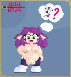 animated animated_gif bouncing_breasts breasts closed_eyes clothed_exposure cum futa_only futanari futasub green_eyes happy_trance masturbation open_mouth orgasm pants pendulum penis pixel_art purple_hair redeye shoes shortstack smile spiral_eyes tongue tongue_out topless unaware