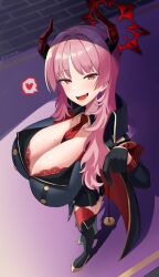  absurdres before_and_after blue_archive breasts cleavage fangs horns huge_breasts long_hair open_mouth pendulum pink_eyes pink_hair satsuki_(blue_archive) smile sparrow_b thigh_boots 