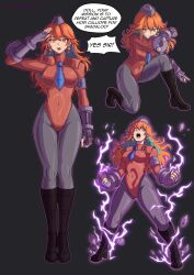  alternate_color_scheme arm_bands boots dialogue earpiece electricity female_only femsub fingerless_gloves gloves green_hair grey_background hat hololive hololive_english kiara_takanashi leggings leotard long_hair multicolored_hair orange_eyes orange_hair saluting shadaloo_dolls signature standing_at_attention street_fighter tie victoriamikoto 