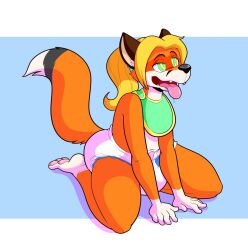 age_regression blonde_hair diaper female_only fox_girl furry happy_trance kneeling myoti original ponytail ring_eyes solo tongue tongue_out