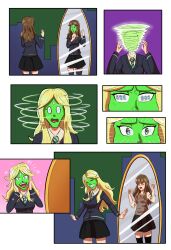  androgynous_dom aware blonde_hair blue_eyes breasts brown_eyes closed_eyes clothed comic crossover eye_color_change femsub hair_color_change hand_on_head harry_potter_(series) hermione_granger hypnotic_mask lipstick living_costume makeup mask mask_of_loki mirror non-binary_dom onyxsteelgray1213 open_mouth possession reflection smile sparkle the_mask tiotonyredgrave transformation 