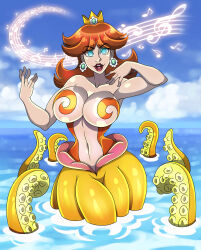 absurdres blue_eyes cleavage collarbone crown earrings female_only femdom femsub glowing_eyes hourglass_figure huge_breasts hypnotic_music hypnotized_hypnotist looking_at_viewer navel nintendo octopus_girl open_mouth outdoors princess_daisy red_hair singing smile solo super_mario_bros. zorro-zero