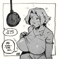 blush breasts darkhatboy dazed dialogue femsub greyscale huge_breasts hypnovember monochrome nipples one_breast_out open_mouth original pocket_watch shirt shirt_lift short_hair simple_background solo spiral_eyes sweat text white_background