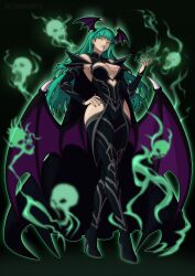  alternate_costume aura black_background black_lipstick black_nail_polish breasts capcom clothed corruption darkstalkers eyeshadow female_only femsub green_eyes green_hair hela high_heels large_breasts lipstick long_hair looking_at_viewer makeup marvel_comics morrigan_aensland nail_polish simple_background skull succubus super_hero thighhighs victoriamikoto wings 
