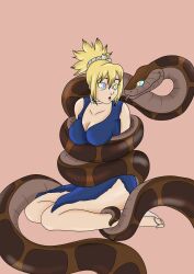 absurdres blonde_hair breasts cleavage coils disney dr._stone femsub hypnotic_eyes kaa kaa_eyes kaeriia kohaku_(dr._stone) large_breasts maledom open_mouth ponytail simple_background snake the_jungle_book tongue tongue_out