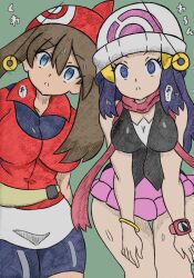  banshou beanie blue_eyes blue_hair breasts brown_hair bzurrrf_(colorist) coin dawn empty_eyes female_only femsub large_breasts large_hips latex long_hair may multiple_girls nintendo open_mouth pendulum pokemon pokemon_diamond_pearl_and_platinum pokemon_ruby_sapphire_and_emerald scarf sketch skirt standing sweat text thigh_gap traditional translation_request 