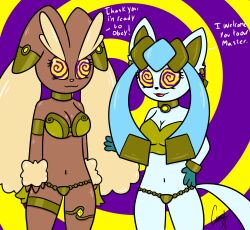  bonnie_(shyker) breasts bunny_girl collar female_only femsub furry glaceon glaze_(shyker) harem_outfit large_breasts lopunny nintendo original pokemon pokemon_(creature) shyker simple_background spiral spiral_eyes symbol_in_eyes tagme text 