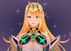  3d absurdres bare_shoulders blonde_hair blush earrings empty_eyes expressionless female_only femsub hair_ornament jewelry koikatsu! long_hair mythra_(xenoblade) nintendo open_mouth simple_background solo sparkle thehguy xenoblade_chronicles xenoblade_chronicles_2 yellow_eyes 
