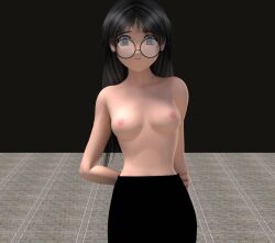  3d black_hair breasts collarbone glasses hypnovideo large_breasts looking_at_viewer skirt spiral_eyes standing symbol_in_eyes topless 